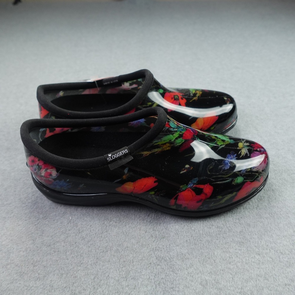 Sloggers Shoes Womens 10 Black Floral Poppy Garden Waterproof Rain Slip On